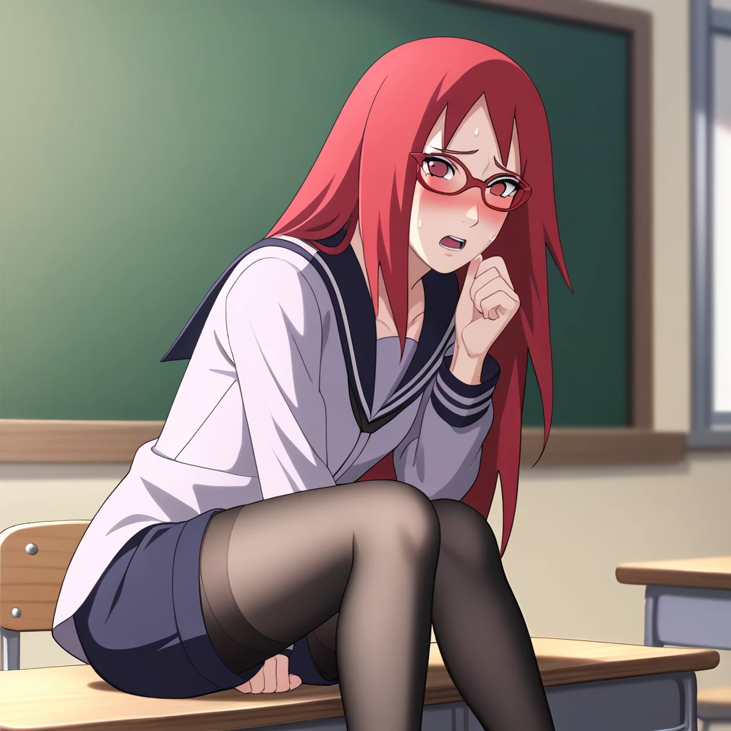 Red hair, 1 Girl, Glasses, Long hair, Red Eyes, Solitary, Sailor Suit, Black over-the-knee stockings, Black shorts, Umbilical cord, Looking at the audience，No students, Japanese cartoons screencap, Japanese cartoons coloring,src_Japanese cartoons,Naruto \(series\), Naruto shippuuden,（（blush，nervous，Vision，classroom，bookshelf，sit on the chair，））masterpiece， absurd ， （Intricate details）， （Colorful）， light， Extremely detailed CG unity 8k wallpaper ，1 Girl， solo，（shy，classroom，night，blush，nervous，Sweating，蕾丝dress， ），sweat，blush，blush1.5，Blush，Medium chest，（（dress，Black stockings，）），（dress，Lying in bed，Uncomfortable expression，Mouth open，spit）