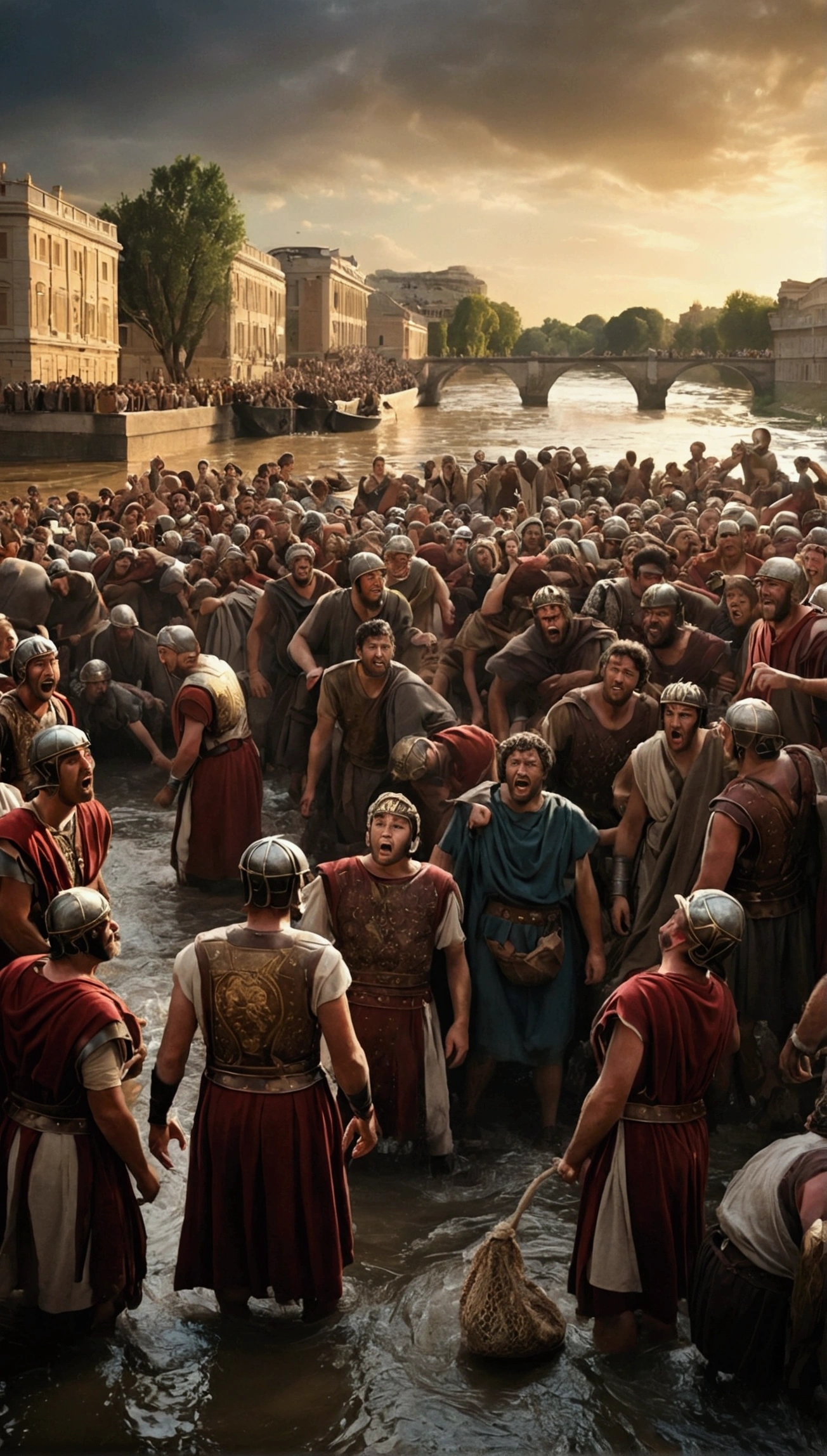 Image is a scene of Romans watching the sack being thrown into the river. Their faces show a mix of horror and fascination. The setting is a crowded riverbank. The lighting captures the intensity and emotional impact of the moment.