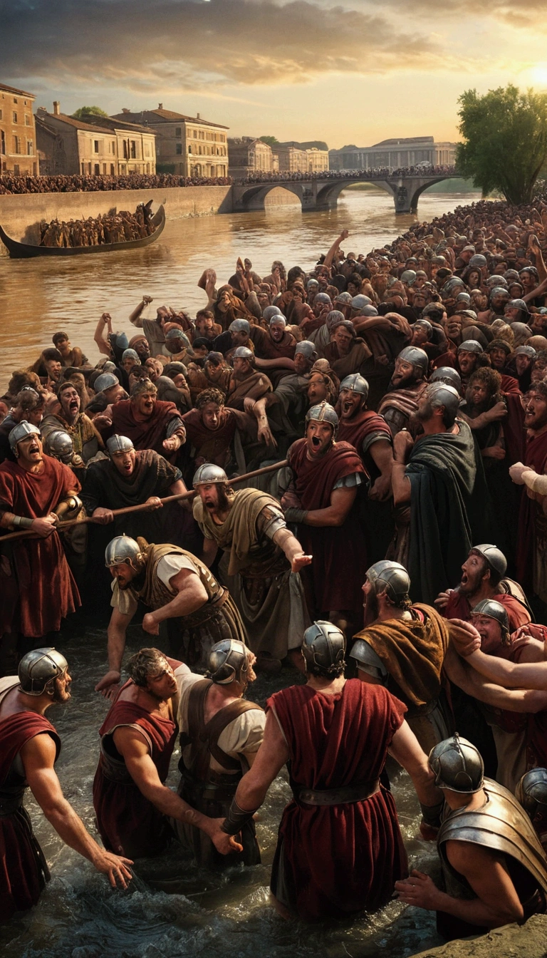 Image is a scene of Romans watching the sack being thrown into the river. Their faces show a mix of horror and fascination. The setting is a crowded riverbank. The lighting captures the intensity and emotional impact of the moment.