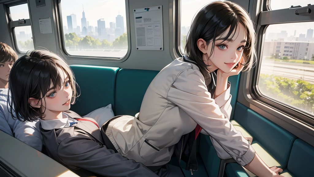 (perfect anatomy:1.2)(absurdres, highres, ultra detailed),masterpiece,best quality,high resolution,8k,Realistic face,Realistic skin texture,magnified textures, stunning clarity,detailed anime girl,(ultra detailed eyes and face),21years old,she is office worker,in the train morinig,city.,smile,grin]:1.2,black hair, bob cut,natural make,grey jacket and pants,white brouse,light look at winfows,sparkling eyes.small nose,roundface,She looks happy, have a one smart phone.Clear morning light、in the train