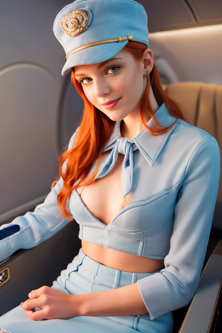 NSFW, naked, nude, (ultra detailed, Best Quality, 4k, high resolution, Superior quality, Masterpiece:1.3), F/2.8, 50mm, leica, awesome pilot, beautiFul Scottish woman, tall and thin, flowing hair, (redhead:1.5), detailed eyes, detailed face, detailed lips, Captivating, flirting with the camera, Cheek Smile, provocative uniform, (light blue:1.5), fitted blouse, neckline, (small pencil skirt:1.5), st3w4rd3ss, uniform, flap, (Garrison cap:1.5), name tag, cuffs, bright smile, (Inside the elegant private jet:1.5), (session:1.5), model poses, sophisticated, proFessional appearance, Elegance, ((intricate detail:1.5)), skin pore texture, Photo, cinematographic, full body, (realist, Photo-realist:1.33), natural light, depth of field, Film grain, sharp, detailed and realist woman, ruFFled lips soFt natural light, detailed hands, detailed fingers, portrait Photography, Photorealism, super detailed, intimate portrait composition, dimly lit, edge lighting, , perFect Fit body, As, Asshot, As on Face.