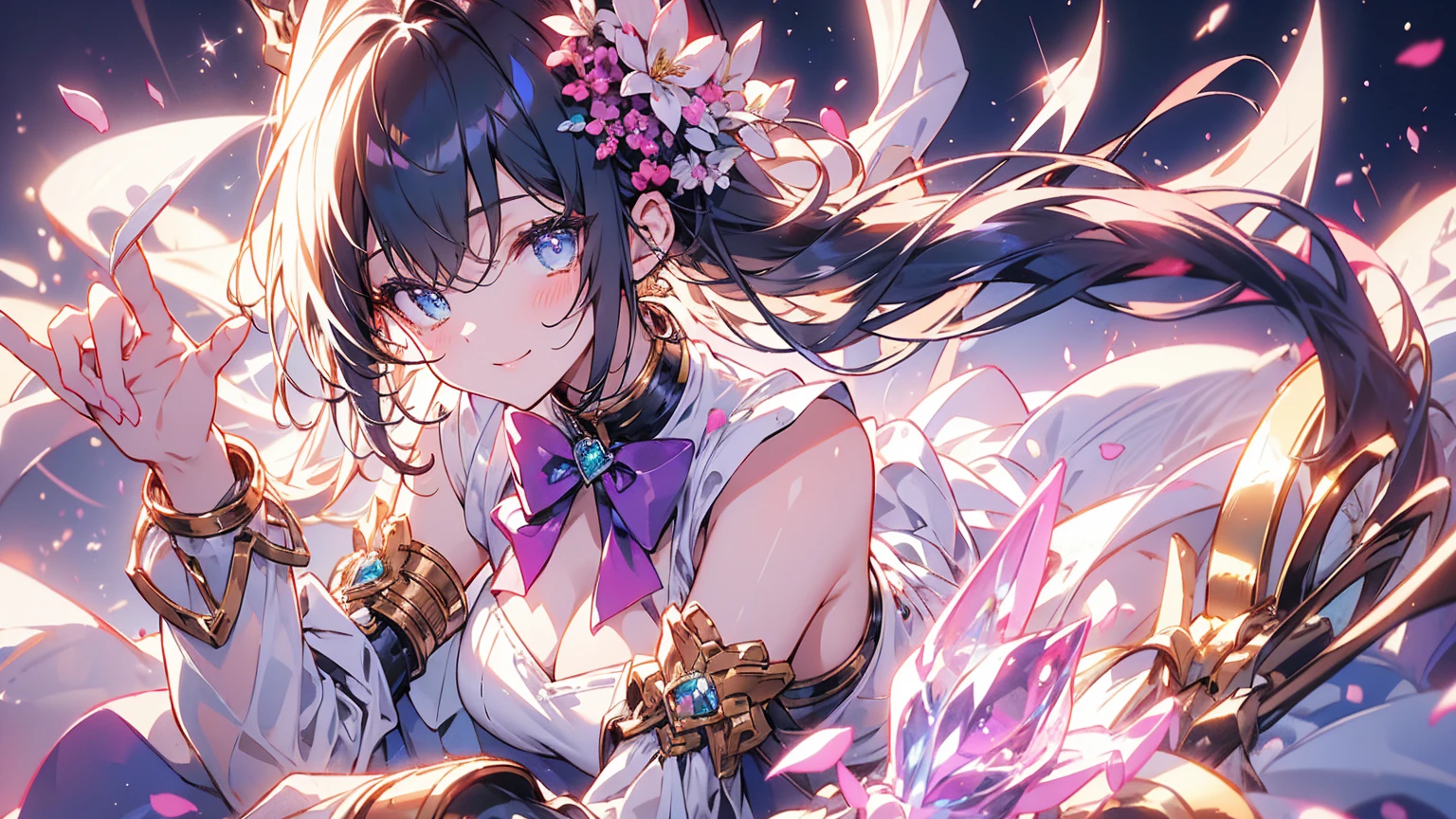 (Tabletop:1.3), (Highest quality:1.3), High resolution, Cooboy Shot, behind, Sleep, (pretty girl:1.3), alone, White skin, Small breasts, Big smile、Eight-headed man, Blue-green hair, (Beaver:1.2),short hair, (Blunt bangs:1.2), Beautiful Hair, Beautiful attention to detail, Ultra-detailed eyes、Sparkling eyes,Iridescent aura around the eyes、Turquoise eyes、Fine eyes to be sucked in,blush, Heart symbol, Outdoor, Purple Background, Gorgeous bedding, Best image quality、Octane、Shadow lighting、1 full body lesbian woman, teacher, Wearing a white dress, White leggings, Look at the details, Detailed eyes, Purple bow tie, A golden crown floating on her head, The background is China's space