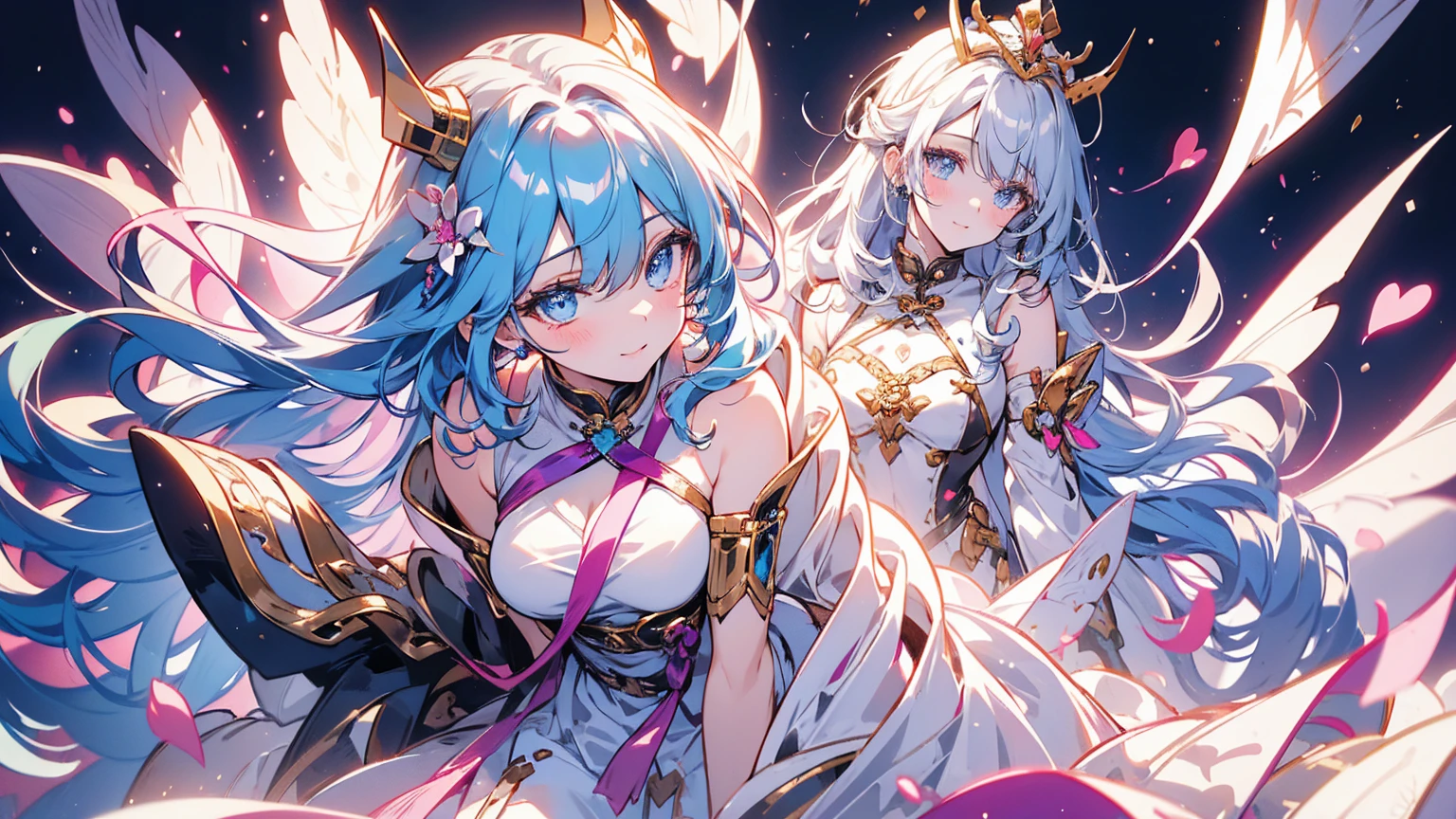 (Tabletop:1.3), (Highest quality:1.3), High resolution, Cooboy Shot, behind, Sleep, (pretty girl:1.3), alone, White skin, Small breasts, Big smile、Eight-headed man, Blue-green hair, (Beaver:1.2),short hair, (Blunt bangs:1.2), Beautiful Hair, Beautiful attention to detail, Ultra-detailed eyes、Sparkling eyes,Iridescent aura around the eyes、Turquoise eyes、Fine eyes to be sucked in,blush, Heart symbol, Outdoor, Purple Background, Gorgeous bedding, Best image quality、Octane、Shadow lighting、1 full body lesbian woman, teacher, Wearing a white dress, White leggings, Look at the details, Detailed eyes, Purple bow tie, A golden crown floating on her head, The background is China's space