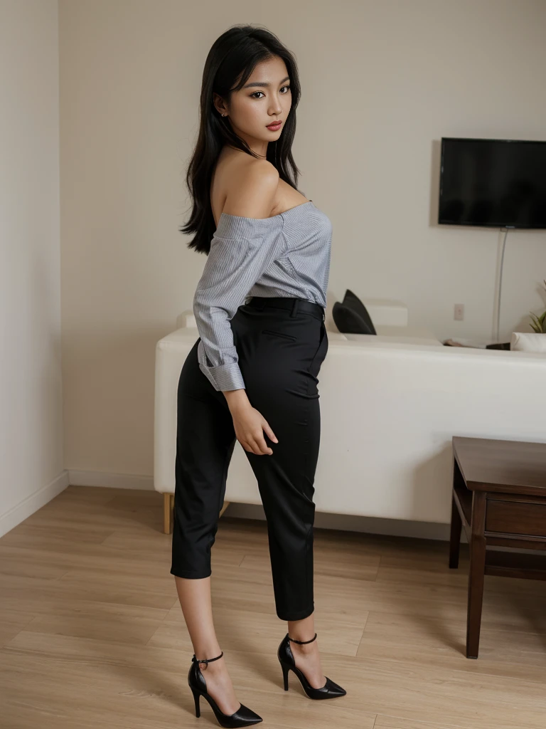 1girl, high quality, high resolution, 4k, 22 year old beautiful asian girl, very slim, tall. black hair, off shoulder, sexy secretary clothes, trousers, shirt, high heels, lips, realistic, nose, flirting with camera, bending on table, nice ass, looking seductively at viewer
