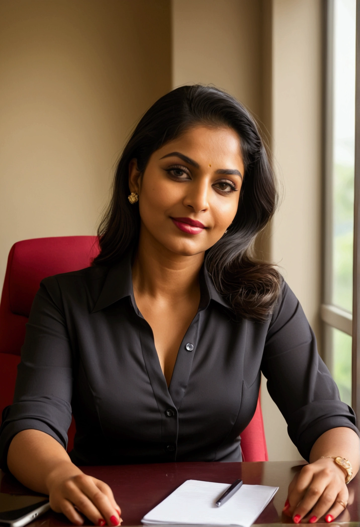a malayali woman kiara, elegantly clad in formal business attire, is comfortably seated behind her desk. the first two buttons of her shirt is open exposing cleavage. With a subtle, self-assured expression, she holds her smartphone, framing her face for a candid selfie from the front camera. Her posture exudes both relaxation and attentiveness, embodying the professionalism required to flawlessly balance her banking duties with a fleeting moment of personal self-expression.
The sun's rays filter in through the windows during midday, casting a warm, inviting glow over her face, highlighting her natural beauty.