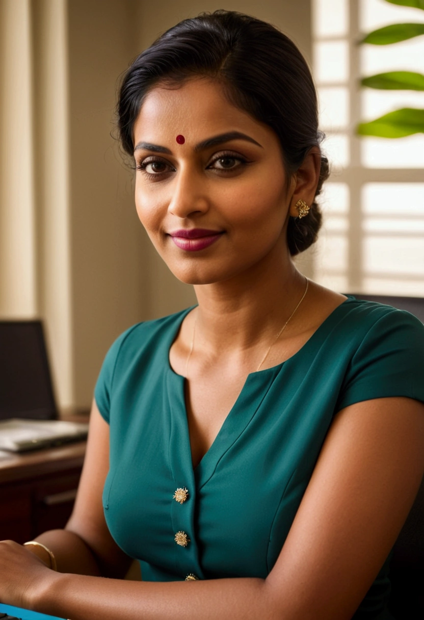 a malayali woman kiara, elegantly clad in formal business attire, is comfortably seated behind her desk. the first two buttons of her shirt is open exposing cleavage. With a subtle, self-assured expression, she holds her smartphone, framing her face for a candid selfie from the front camera. Her posture exudes both relaxation and attentiveness, embodying the professionalism required to flawlessly balance her banking duties with a fleeting moment of personal self-expression.

The sun's rays filter in through the windows during midday, casting a warm, inviting glow over her face, highlighting her natural beauty.