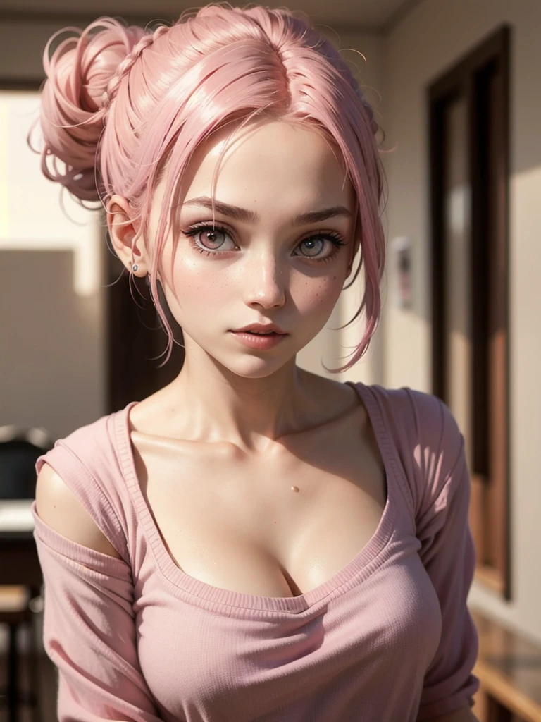 woman, front, hairbun, pink hair, pink eyes