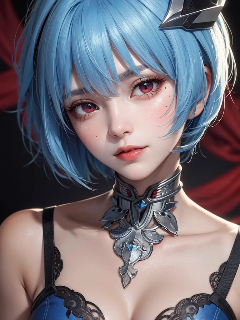 Masterpiece, Best Quality, 8K, Detailed Skin Texture, Detailed Cloth Texture, Beautiful Detail Face, Intricate Detail, Ultra Detailed, Portrait of Rei Ayanami, Blue Hair, Red Eyes, Head Tilt, No Background