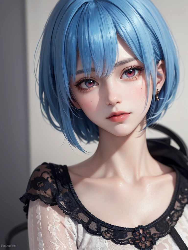 Masterpiece, Best Quality, 8K, Detailed Skin Texture, Detailed Cloth Texture, Beautiful Detail Face, Intricate Detail, Ultra Detailed, Portrait of Rei Ayanami, Blue Hair, Red Eyes, Head Tilt, No Background