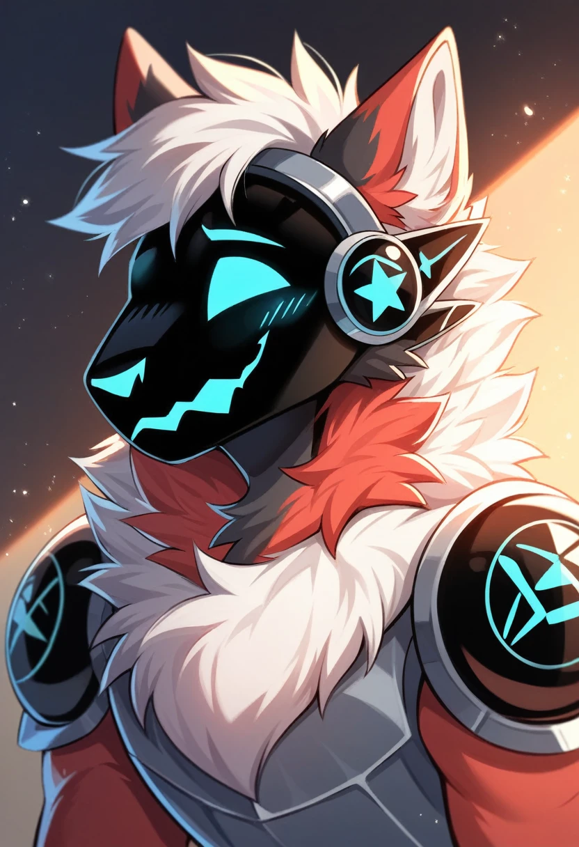 solo male, white protogen, open mouth, furry protogen, furry, smiling, red fur, Black fur stripe, netral, Traumatized face, dynamic lighting, illustration, beautiful, particles (high quality,4k,8k,highres,masterpiece:1.2), ultra-detailed, impressionistic:colorful,