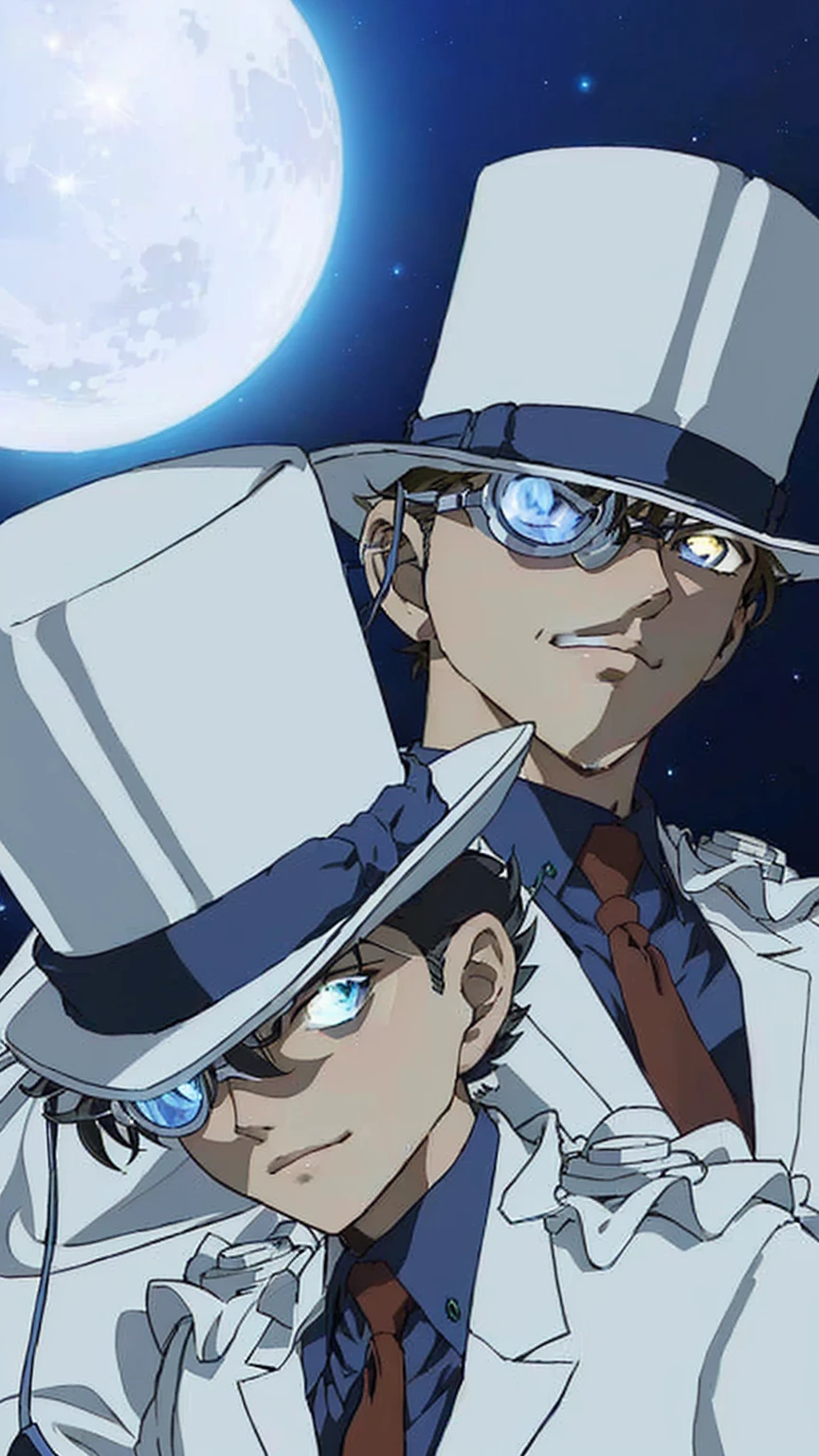 masterpiece, Highest quality, (Highly detailed CG Unity 8K wallpapers), (Highest quality), (Best illustrations), (Best Shadow), Absurd, Realistic lighting, (abyss), Beautiful sparkle, Full moon background、Two anime characters wearing white suits and hats, Dynamic Leadership Style, Space Dandy anime dandy, jotaro kujo, leiji matsumoto, yukio - e, silk hat, shinichi sakamoto, Gyro Zeppeli, 2D Animation, Cel-shaded anime, 彼はsilk hatをかぶっている