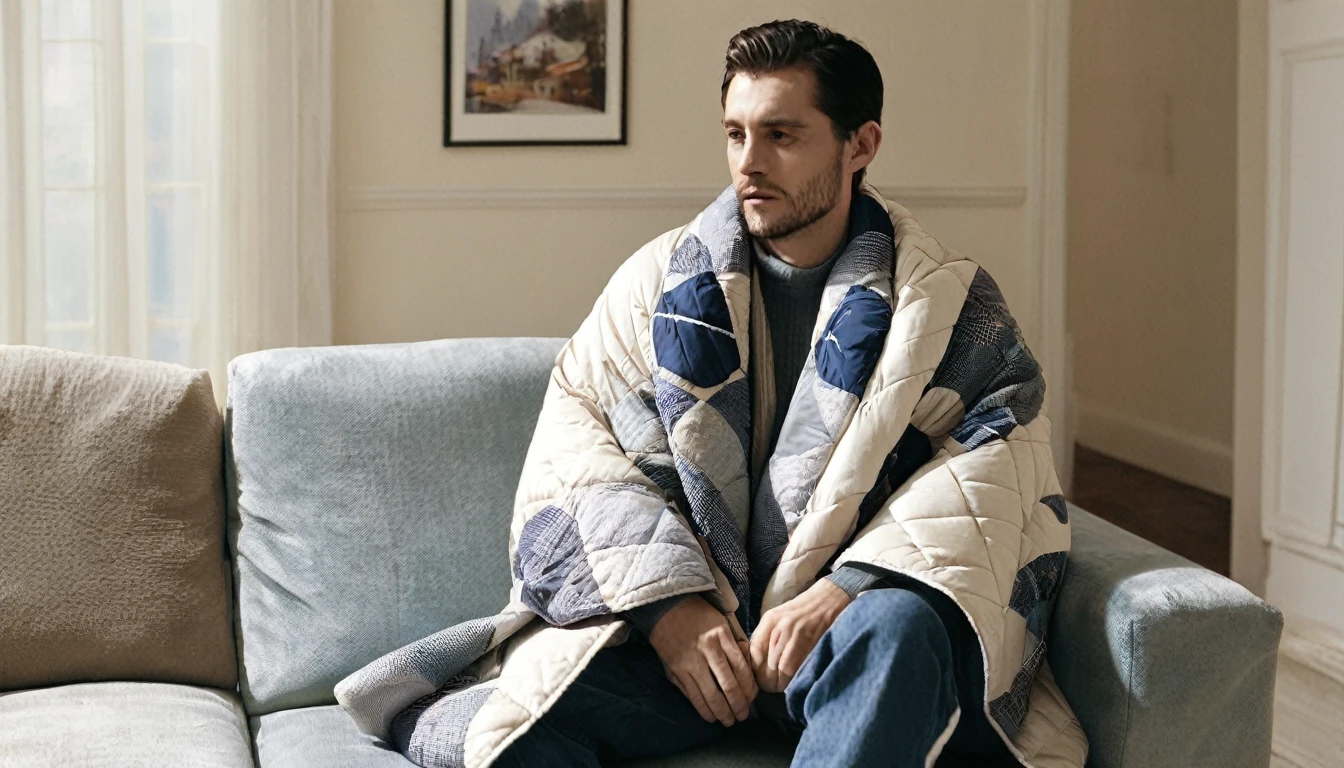 A man sitting on the sofa in the living room，Wear a big cotton jacket，Wrapped in a quilt，Shivering