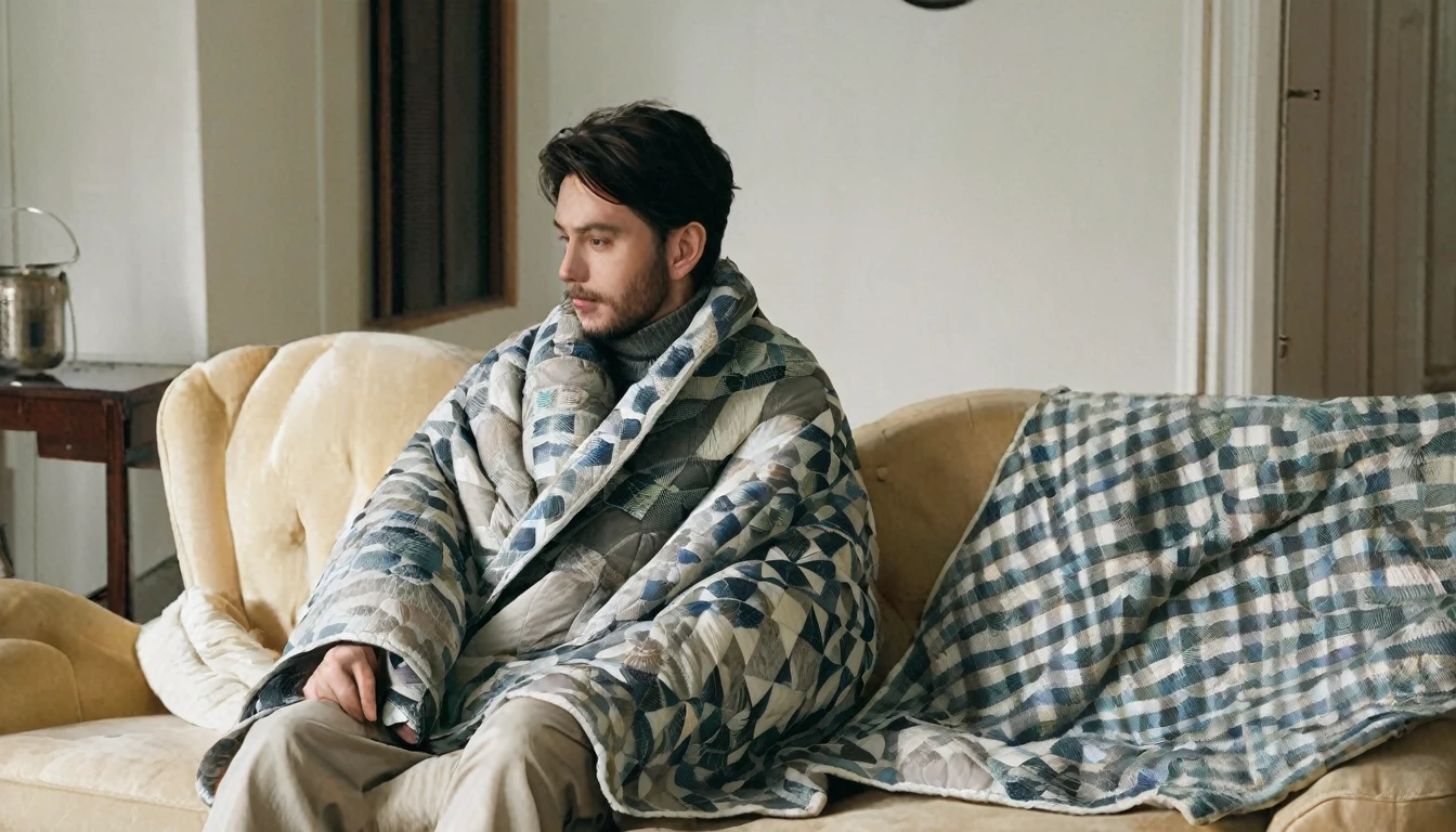 A man sitting on the sofa in the living room，Wear a big cotton jacket，Wrapped in a quilt，Shivering
