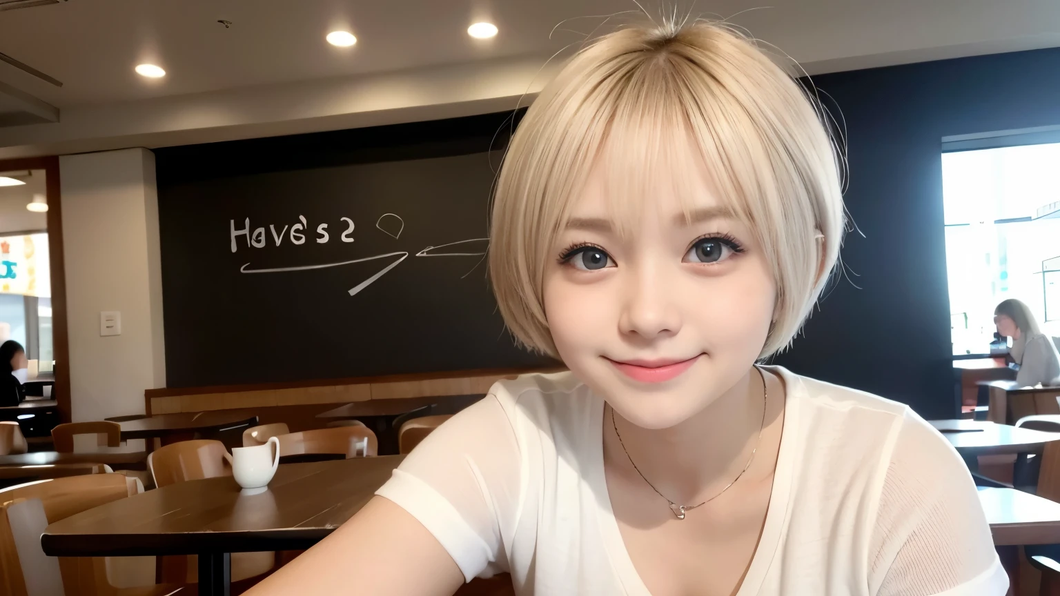 She is a cute college student、Blonde short hair、Silver Eyes、Big eyes、Cute Smile、Photographed inside the cafe