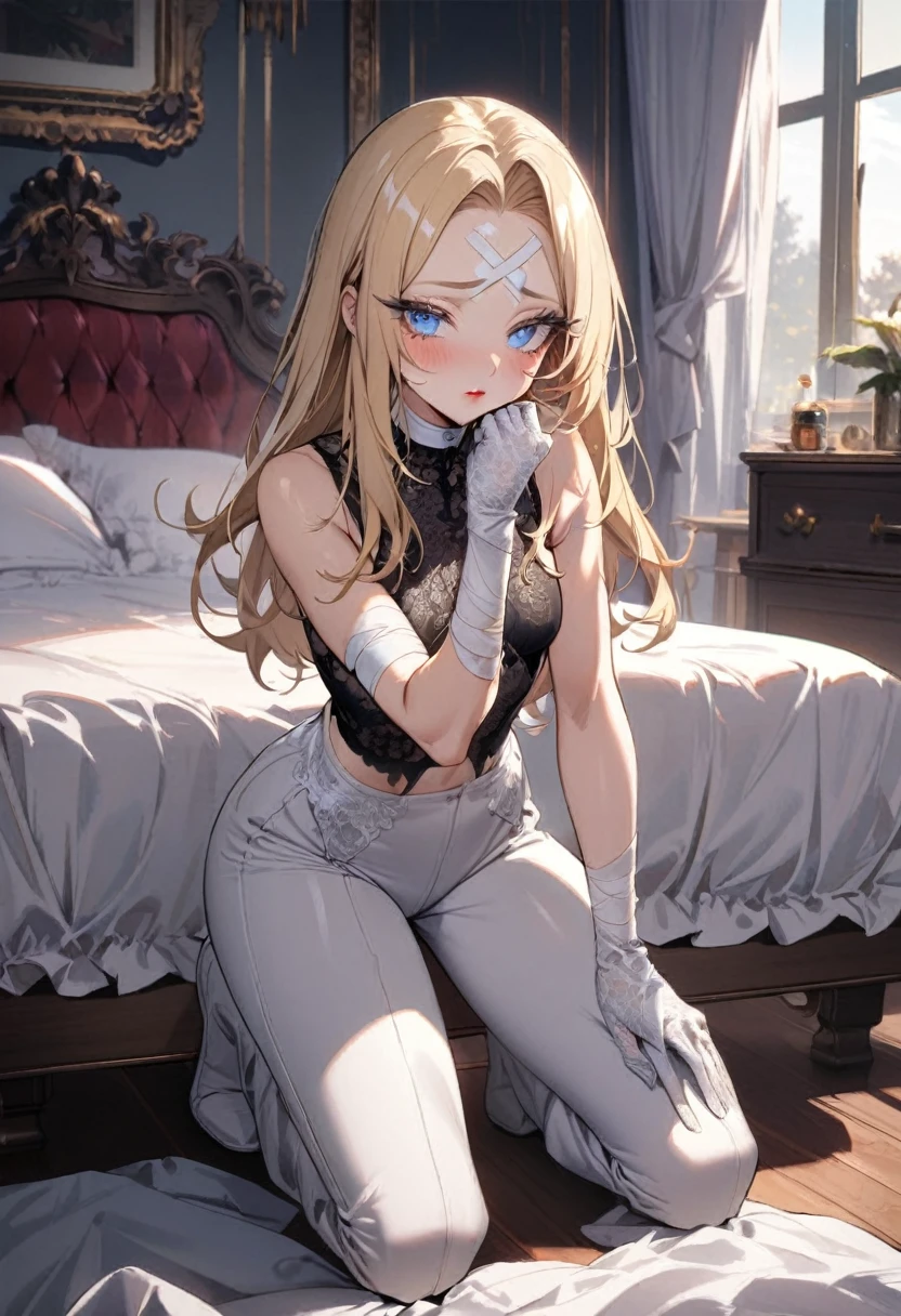 1boy, solo, black eyeliner, medium length hair, blonde hair, handsome, blue eyes, white choker, white long Bandage glove, kneeling, white pants, bed, room, red lipstick, blush, thin waist, thick eyelashes, (long eyelashes, detailed eyelashes), ((blonde long bangs on forehead)