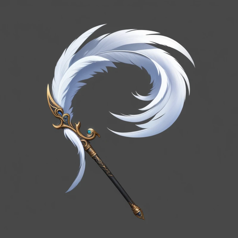 A stick with a black handle and a white feather on it, Fantasy weapons, 逼真的Spear, 错综复杂的幻想Spear, Fantasy RPG Weapon Art, Weapon concept art, epic Fantasy weapons art, World of Warcraft Blizzard Weapon Art, Weapon Design, Role Playing Game Items, Sword weapons, Spear, Weapon Concept Art, Fantasy Scythe, Feather pen, sword, Magic Fishing Rod Weapon