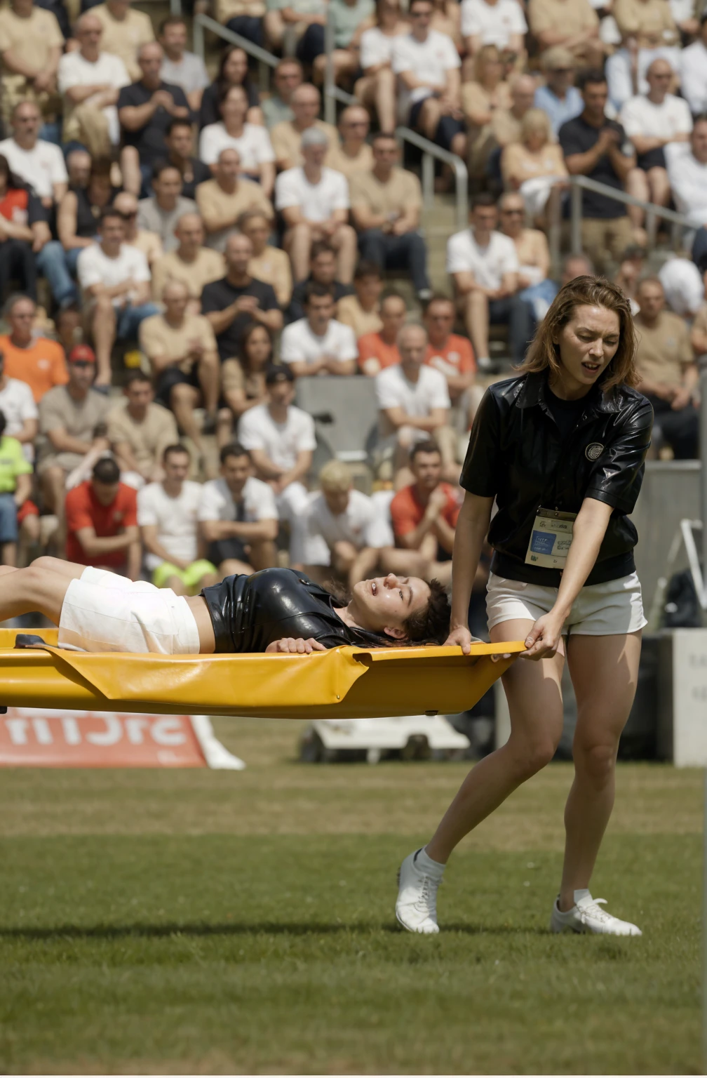 a blond woman is carrying a astretcher on a soccer field, there is a male soccer player in short sportswear lying injured on a stretcher, there is an injured sportsman who is covering his face on a stretcher, an injured sportsman is covering his face with his hands, an injured sportsman is writhing ecstatic in pain on a stretcher, dramatic pity pose, there is a very female woman in a high-shine coat, a high-shine black wetlook coat, a long shiny coat, a wetlook glossy coat, a wet black laquered coat, a very female looking wife is wearing a wetlook coat, injured, medic, soccer action pose, affection pose, lecherous action pose, dramatic action pose, theatralic pose, there is an attractive woman that is carrying a suffering man on a stretcher, there is a beautiful woman in a shiny coat who is carrying a blond man on a wet orange stretcher, a longhaired beautiful woman in a high-shine coat, a longhaired woman in a shiny downcoat, a woman is carrying a stretcher with a shorthaired man who is wearing shorts and a t-shirt, a weak man in spots shorts is consciousless and needs to be carried on a wetlook pvc stretcher, a shorthaired man with closed eyes is carried on a stretcher by a longhaired woman, a woman looks very scared and terrified, a consciousless man with closed eyes is suffering very much and has a very painful face, photo, photo shoot, photographed , accident, help, aid, first aid, pity