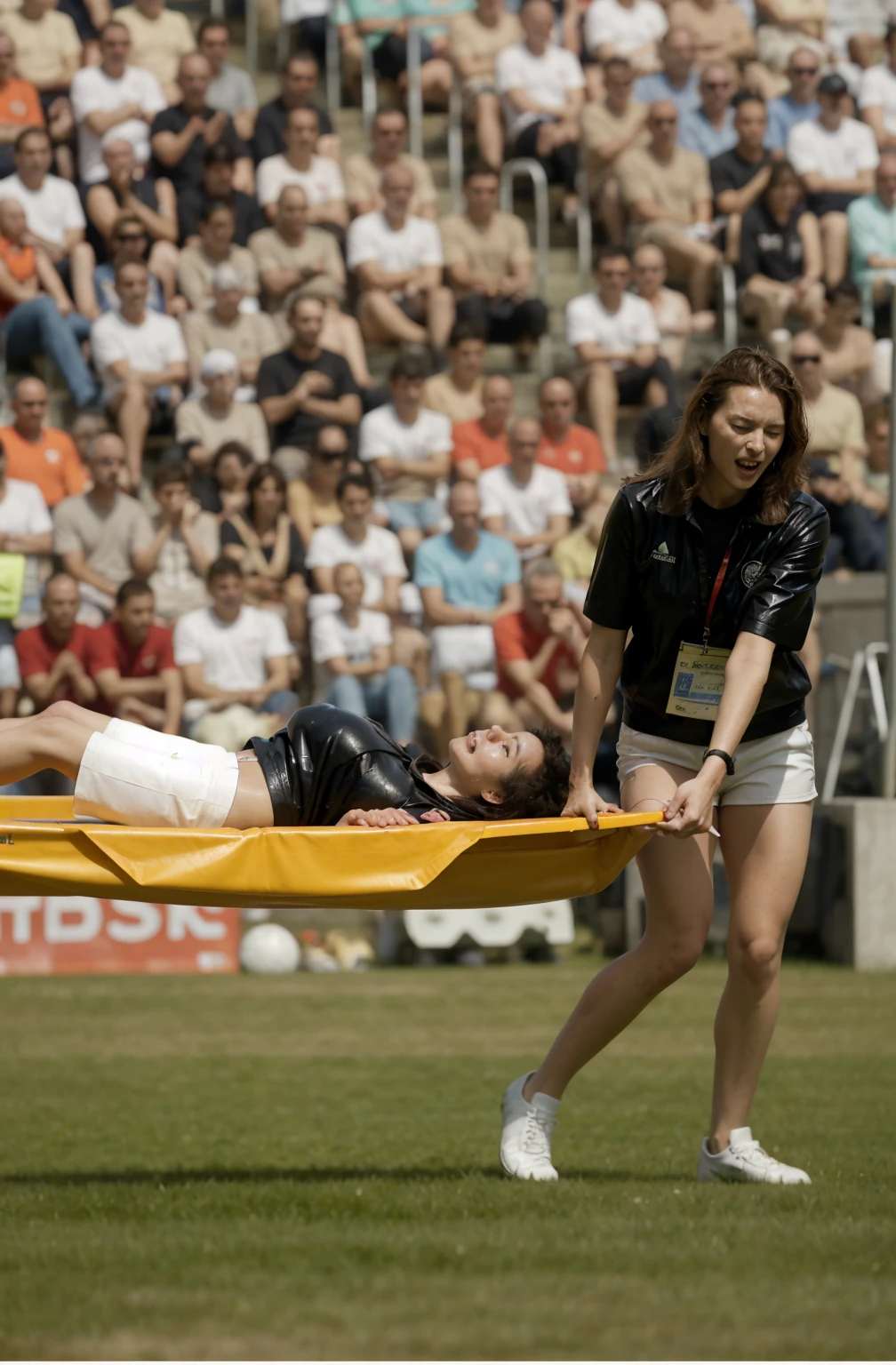 a blond woman is carrying a astretcher on a soccer field, there is a male soccer player in short sportswear lying injured on a stretcher, there is an injured sportsman who is covering his face on a stretcher, an injured sportsman is covering his face with his hands, an injured sportsman is writhing ecstatic in pain on a stretcher, dramatic pity pose, there is a very female woman in a high-shine coat, a high-shine black wetlook coat, a long shiny coat, a wetlook glossy coat, a wet black laquered coat, a very female looking wife is wearing a wetlook coat, injured, medic, soccer action pose, affection pose, lecherous action pose, dramatic action pose, theatralic pose, there is an attractive woman that is carrying a suffering man on a stretcher, there is a beautiful woman in a shiny coat who is carrying a blond man on a wet orange stretcher, a longhaired beautiful woman in a high-shine coat, a longhaired woman in a shiny downcoat, a woman is carrying a stretcher with a shorthaired man who is wearing shorts and a t-shirt, a weak man in spots shorts is consciousless and needs to be carried on a wetlook pvc stretcher, a shorthaired man with closed eyes is carried on a stretcher by a longhaired woman, a woman looks very scared and terrified, a consciousless man with closed eyes is suffering very much and has a very painful face, photo, photo shoot, photographed , accident, help, aid, first aid, pity
