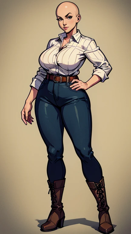 digital art, highly detailed, reference sheet, standing pose, feminine features, mature woman, adult female, thicc figure, whole body, bald, form-fitting, lumberjack outfit, flannel shirt, belt, pants, heeled boots 1woman, solo, upper body, lower body, ((Extremely Detailed)), ((Best Quality)), ((Masterpiece)), ((4k)).
