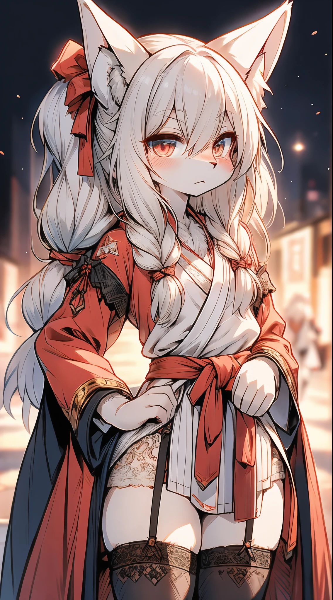 High and cold，Three No，No Expression，cold，cold，Loli，Loli，little girl，White hair，No Expression，indifferent女孩，indifferent狐狸女孩，indifferent，White hair，Fox ears，White hair all over the body，Anthropomorphic fox girl，White fox girl，白色丝绸Knee socks，Knee socks，Garter stockings，Short robe，Back of robe，Back of robe，Fantasy style，European style，Western style，Lolita style，Mage Robe，Lace decoration，Lace decoration的袍子和Knee socks，蕾丝Knee socks，白丝Knee socks，Close-up above the waist，Close-up above the waist，No Expression，furry，furry，fuzzy，fuzzy，furry