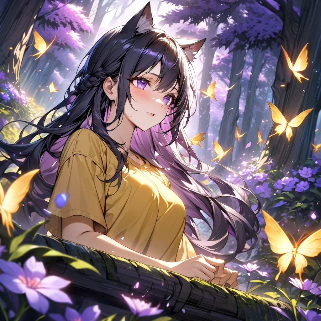yellow tshirt, cat ears, forest,purple dark light, absurdres, highres, ultra detailed, HDR, master piece, best quality, black hair, expressive purple eyes, magical, fantasy, shining, purple flowers, blossoms, yellow butterflies, medium shot, couple boy and female