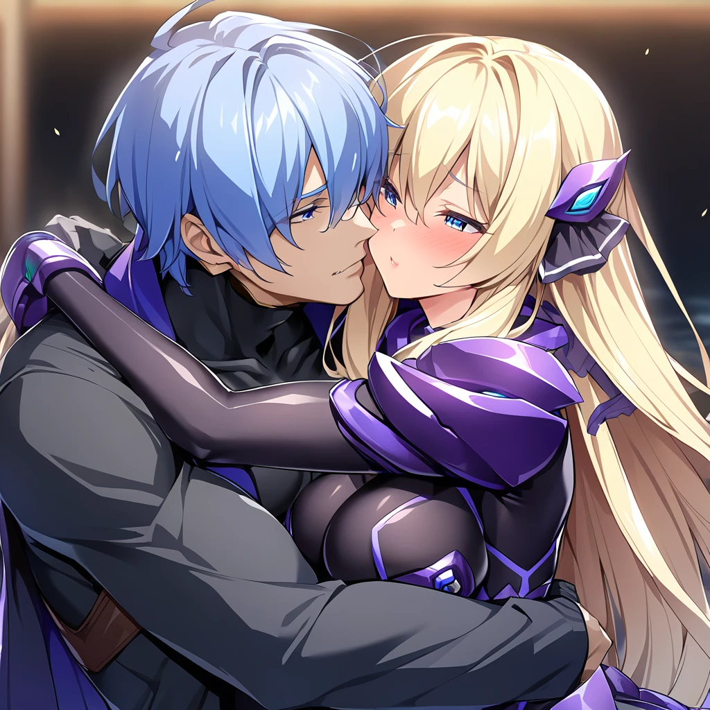 ((Highest quality)), ((masterpiece)), (detailed), （Perfect Face）、The woman is an Exstia, a transforming heroine with semi-long blue hair.、The man is the evil leader, Naioro, a handsome man with medium-long blonde hair and a black bodysuit.、A woman and a man are hugging and kissing