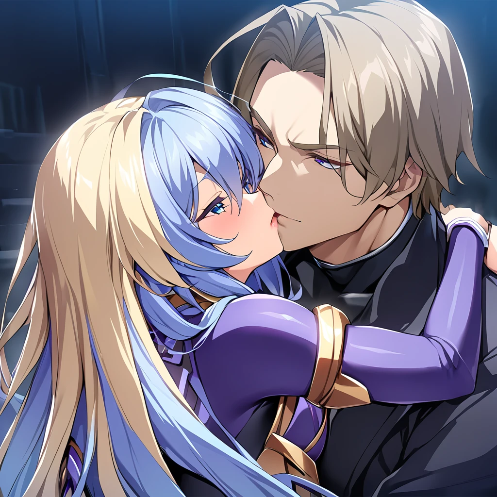 ((Highest quality)), ((masterpiece)), (detailed), (Perfect Face)、The woman is an Exstia, a transforming heroine with semi-long blue hair.、The man is the evil leader, Naioro, a handsome man with medium-long blonde hair and a black bodysuit.、A woman and a man are hugging and kissing