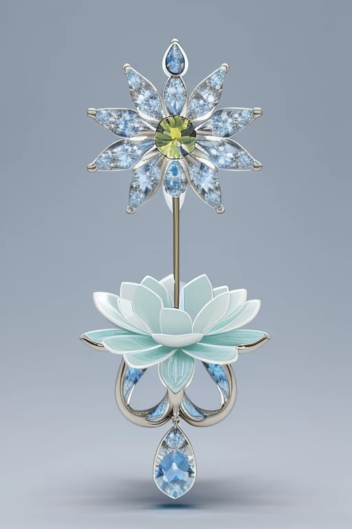 realistic, nature light, Create a flower that represents a withe and blue sky unicorn boy, with precious stones, water, the flower is linked to a diamond ring that has precious stones,  