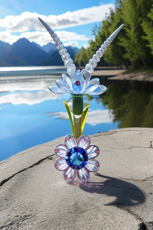 realistic, nature light, Create a flower that represents a withe and blue sky unicorn boy, with precious stones, water, the flower is linked to a diamond ring that has precious stones,  