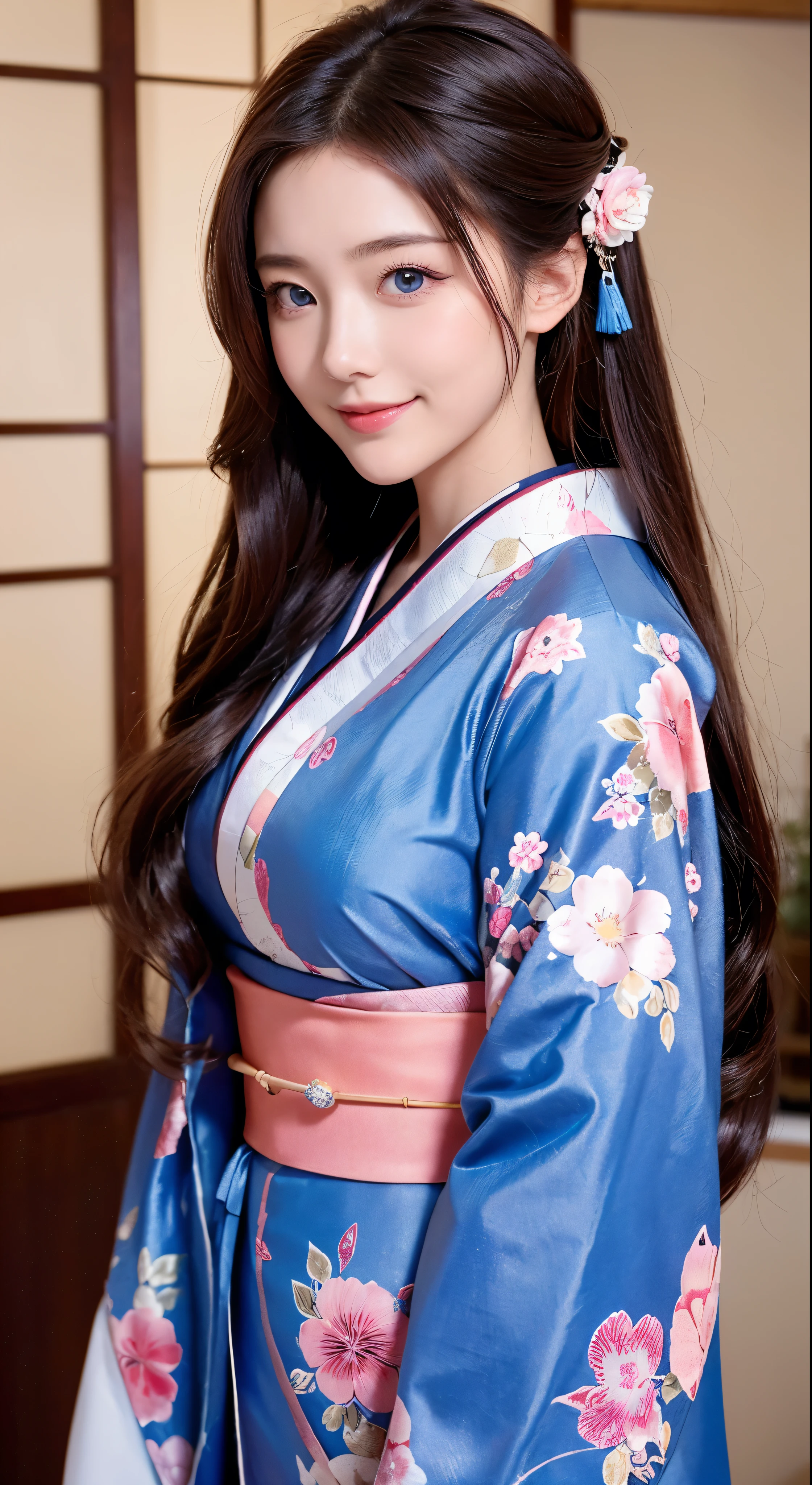 masterpiece、Highest quality、16k uhd、 Zuo in a kimono in a Japanese-style room々Nozomi、One person、Enchanting、Provocative Gaze、blush、Open Mouth Smile、Flowing kimono、Brown hair cascading down her back、Blue eyes sparkling with admiration、Her long hair flows gently back
