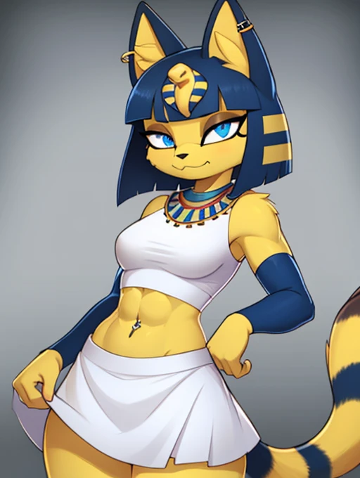 ((best quality)), ((masterpiece)), (detailed), ((2k)), trending on artstation, furry, furry style, anthro style, perfect face, a digital artwork of a sexy Ankha with abs wearing a crop top of her white sleeveless dress with white long dress skirt, a bare midriff, a bare navel, an exposed belly button, Egyptian setting, smug face, tail, blue Egyptian handbands, navel piercing, blue eyes