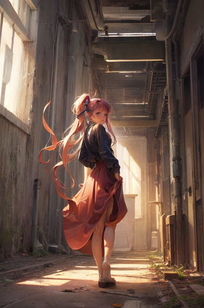 Girl captured by tentacles in abandoned factory　Tentacles in a skirt　Pants fabric texture　