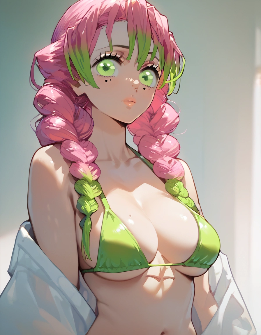 score_9, score_8_up, score_7_up, score_6_up,ChopioMitsuri, long hair, pink hair, green hair, twin braids, multicolored hair, green eyes, eyelashes, mole under eye, looking at viewer, large breasts, bikini, lime bikini, big tits