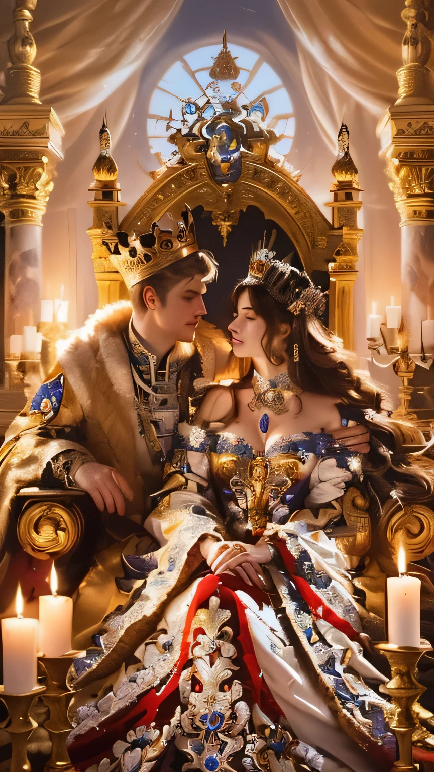Painting of a couple in medieval costume sitting on a throne, Royal portraits, Beautiful Fantasy Empress, Royal portraits painting, ((Beautiful Fantasy Empress)), Royalty, Detailed fantasy digital art, romance novel cover, By Serhiy Vasilkivsky, By Alexander Kucharski, Andrey Ryabshkin, by Nikita Veprikov