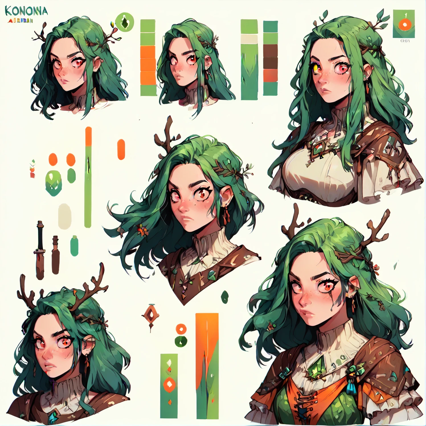 check_9, check_8_up, check_7_up, check_6_up, (character sheet:1), 1 girl, student green hair, Medieval girl, huntress,thick thighs, white long hair, Red eyes, big breasts, simple white background, dynamic pose, sexual, reference sheet, (whole body, from the outside, Front:1.1), upper body, cartoon,
Character DesignXL