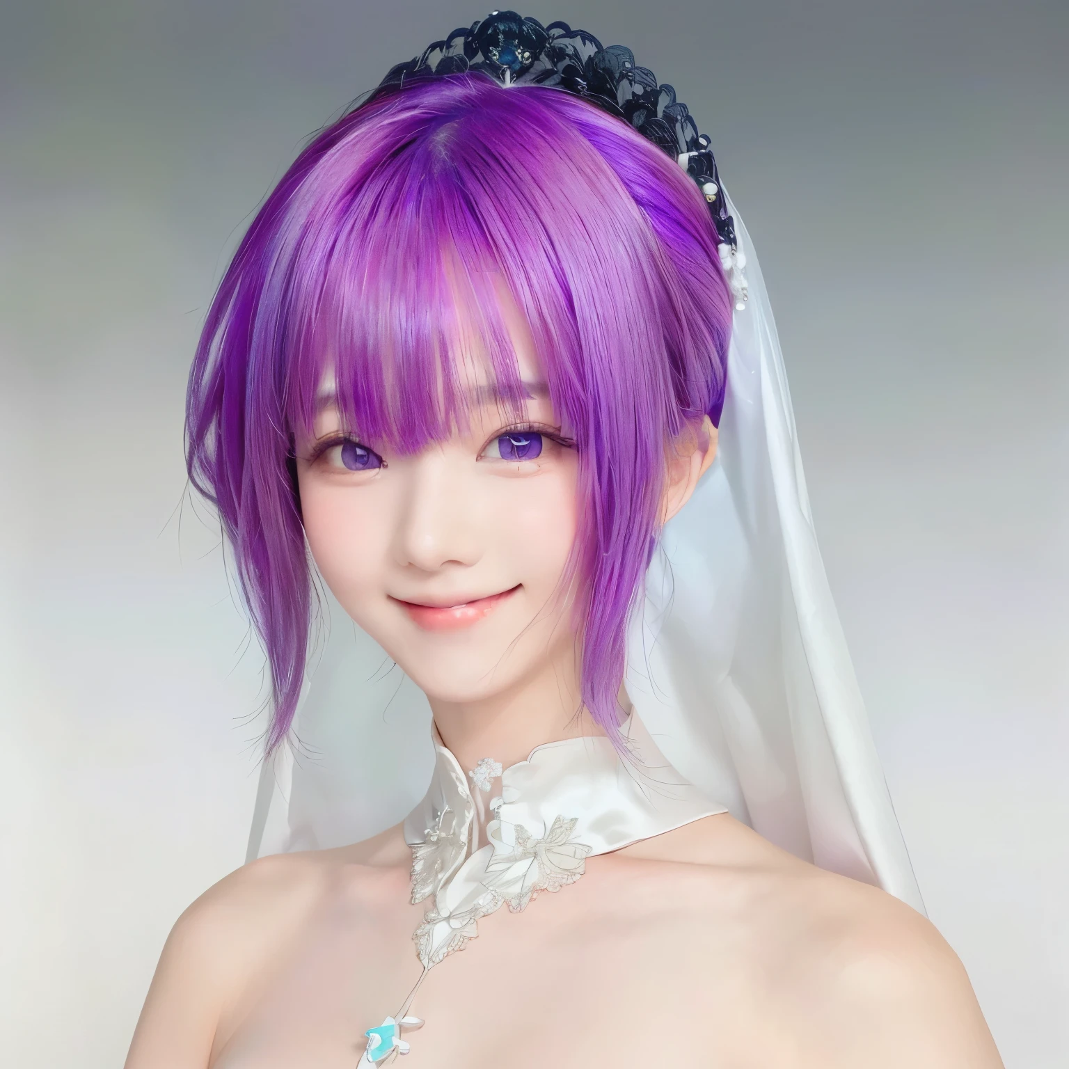 Close-up of a purple-haired woman wearing a veil, Female Characters, Shirahime cut hairstyle, Purple eyes and white dress, Wedding dress, smile,