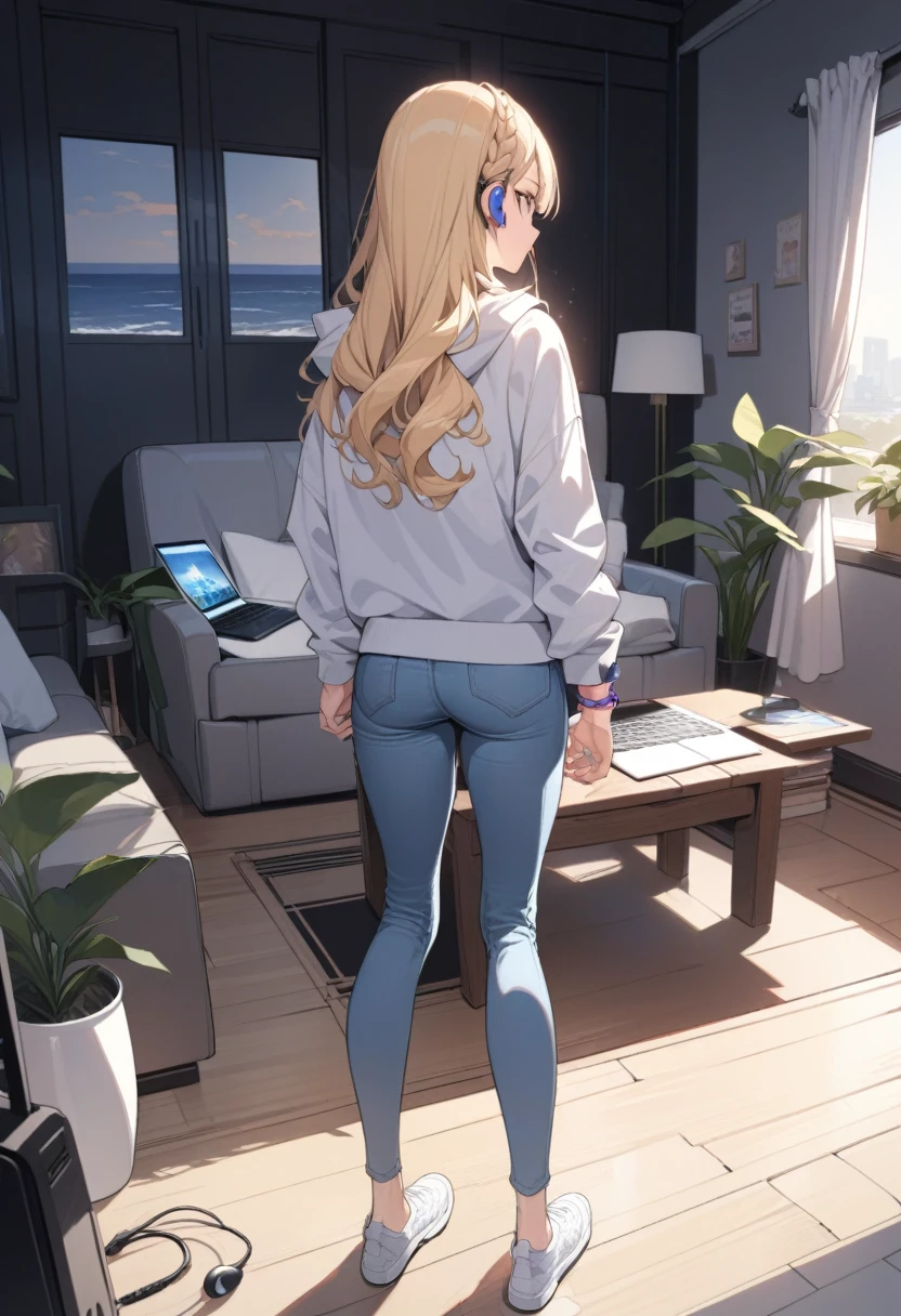 masterpiece, best quality, extremely detailed, ultra detailed, flat anime, 2D,
1girl, (young adult:1.2),blonde hair, (semi-long hair:1.2), curly hair, french braid, medium breasts, tsurime, purple eyes, height 1.7meters,
white hooded sweatshirt, jeans, earring,bracelet, long sleeves, ((Bluetooth small earphone)),
Back view of a laptop computer,
from behind, full body,
summer, livingroom, 12AM., standing