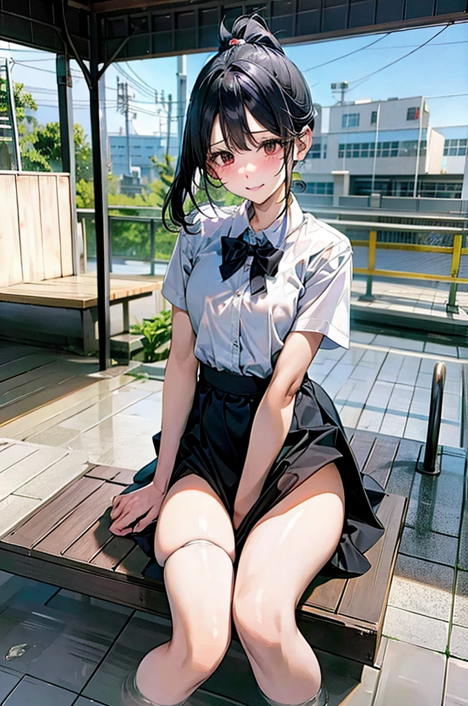 sit、Station platform、White shirt、Black Skirt、School、Group photo、:1.5,ponytail、Harem、panty drop