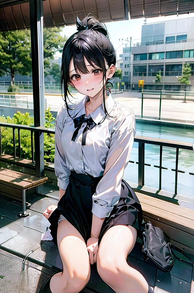 sit、Station platform、White shirt、Black Skirt、School、Group photo、:1.5,ponytail、Harem、panty drop