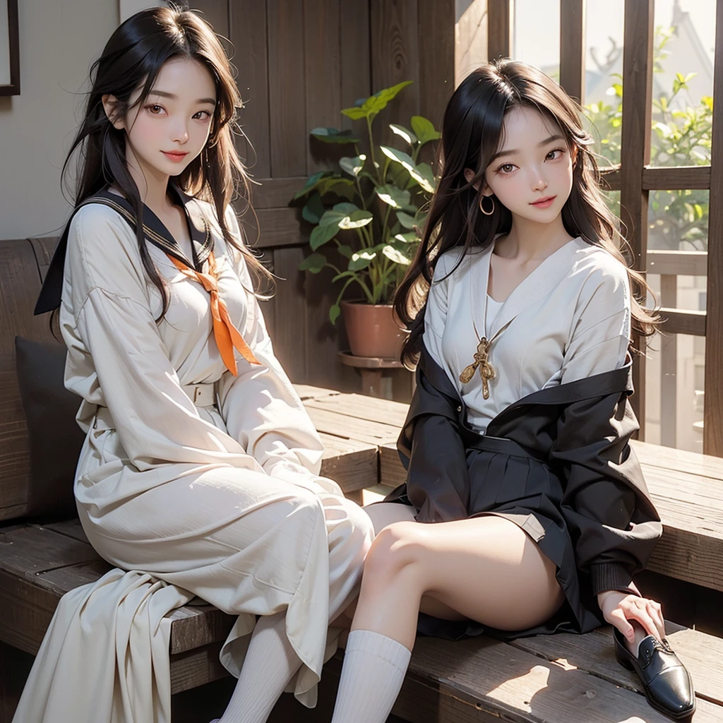 8k, masterpiece, Highest quality, Ultra-high resolution, Highest Resolution, Very detailed, Professional Lighting, Orange lighting、Backlight、Detailed CG、Low angle from the front、Full Body Shot、Beautiful woman、Beautiful Eyes、(Detailed Faces and Faces:1 2)、Narrow eyes、Almond Eye、Brown eyes、Gradient Eye、highlight:1.2)、(Beautiful black hair、Long Hair、Asymmetrical bangs、(Fuller lips、Glossy Lips、 size) 、(Oval Face : 1.4)、(Thin fingered arms、Detailed human hand)、(Tabletop, Highest quality:1.2), nostalgic、Wooden Warehouse、Landscape with Japanese wooden houses、sitting on the balcony、Old House、pine tree、plant、Beautiful Japanese Garden、The bright red sunset is beautiful、vapor、haze、white breath、Full body pose、A girl blending into the scenery、Sitting in a chair、Beautiful woman, Small face、White skin、very cute, 17 years old、(Detailed eyes、Bright Eyes、Gradient Eye:1、細かく描かれたBeautiful Eyes:1、Symmetrical eyes:1、目の大きなhighlight:1.2)、Thin Hair、Brown eyes)、Breasts are medium in size、(Black brown hair、semi-long)、(Sailor suit、Seraphim:1.4)、Long, slender legs、Beautiful hip line、Beautiful spine、My back is hunched、Tight waist、Black underwear、JK Black Skirt 、Pleated skirt、Hip line emphasis、Black socks、Black Stockings、Brown eyes,Face is a little red, Beautiful breasts、Her chest is an A cup、Shoes are loafers、Long Hairの枝毛) 、(Round face: 1.4)、A kind smile、Open your mouth、Teeth are visible、Black knee-high socks