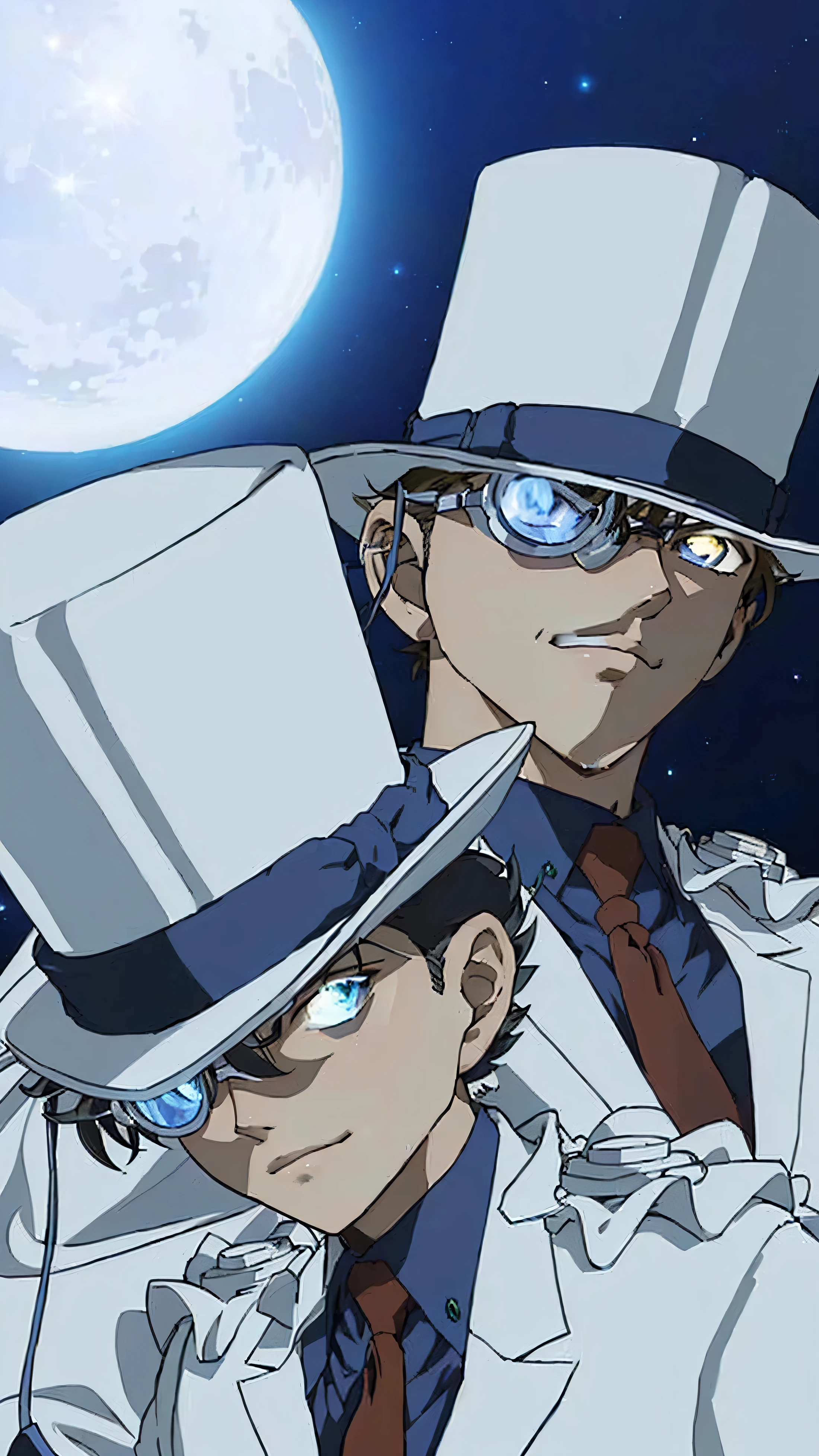masterpiece, Highest quality, (Highly detailed CG Unity 8K wallpapers), (Highest quality), (Best illustrations), (Best Shadow), Absurd, Realistic lighting, (abyss), Beautiful sparkle, Full moon background、Two anime characters wearing white suits and hats, Dynamic Leadership Style, Space Dandy anime dandy, jotaro kujo, leiji matsumoto, yukio - e, silk hat, shinichi sakamoto, Gyro Zeppeli, 2D Animation, Cel-shaded anime, 彼はsilk hatをかぶっている