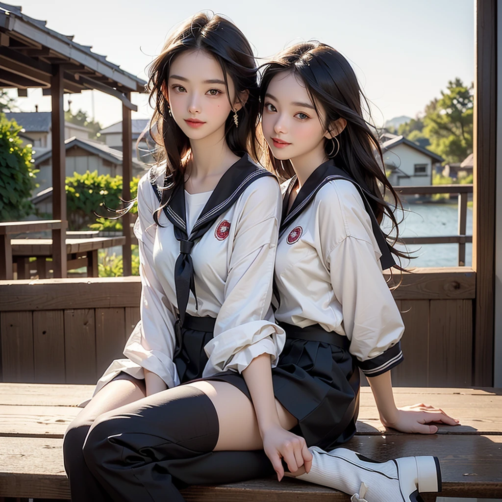 8k, masterpiece, Highest quality, Ultra-high resolution, Highest Resolution, Very detailed, Professional Lighting, Orange lighting、Backlight、Detailed CG、Low angle from the front、Full Body Shot、Beautiful woman、Beautiful Eyes、(Detailed Faces and Faces:1 2)、Narrow eyes、Almond Eye、Brown eyes、Gradient Eye、highlight:1.2)、(Beautiful black hair、Long Hair、Asymmetrical bangs、(Fuller lips、Glossy Lips、 size) 、(Oval Face : 1.4)、(Thin fingered arms、Detailed human hand)、(Tabletop, Highest quality:1.2), nostalgic、Wooden Warehouse、Landscape with Japanese wooden houses、sitting on the balcony、Old House、pine tree、plant、Beautiful Japanese Garden、The bright red sunset is beautiful、vapor、haze、white breath、Full body pose、A girl blending into the scenery、Sitting in a chair、Beautiful woman, Small face、White skin、very cute, 17 years old、(Detailed eyes、Bright Eyes、Gradient Eye:1、細かく描かれたBeautiful Eyes:1、Symmetrical eyes:1、目の大きなhighlight:1.2)、Thin Hair、Brown eyes)、Breasts are medium in size、(Black brown hair、semi-long)、(Sailor suit、Seraphim:1.4)、Long, slender legs、Beautiful hip line、Beautiful spine、My back is hunched、Tight waist、Black underwear、JK Black Skirt 、Pleated skirt、Hip line emphasis、Black socks、Black Stockings、Brown eyes,Face is a little red, Beautiful breasts、Her chest is an A cup、Shoes are loafers、Long Hairの枝毛) 、(Round face: 1.4)、A kind smile、Open your mouth、Teeth are visible、Black knee-high socks