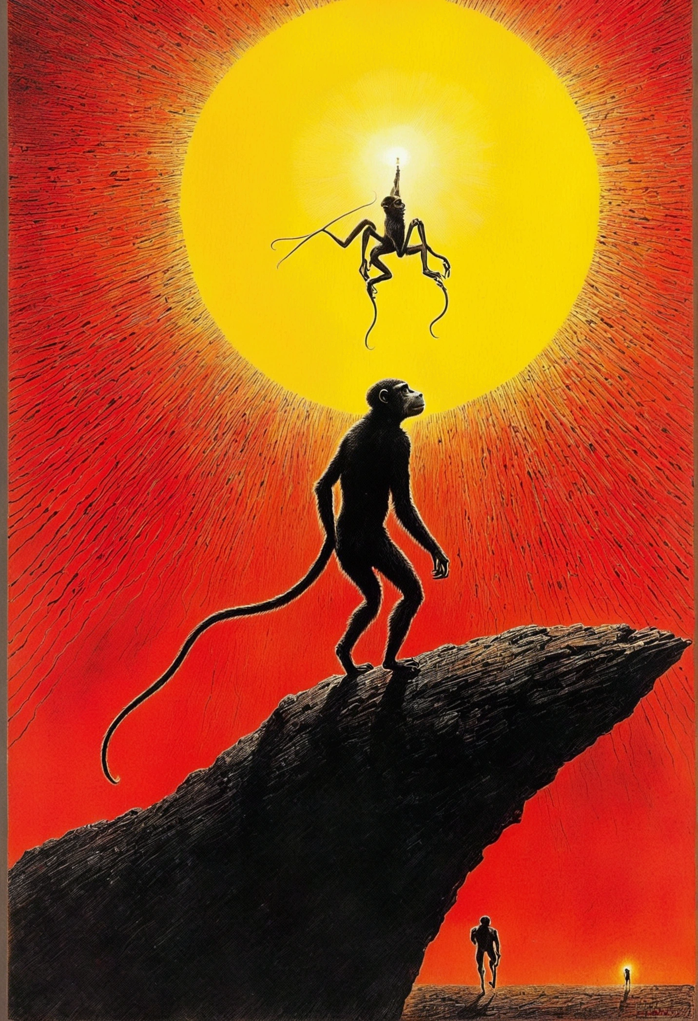 Monkeys are attracted to the light from mobile phone screens,A look of surprise,Old Sci-Fi Posters, author:Zsław Beksinski and Jean.Gillot
