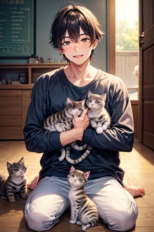 3 kittens,A man and his kitten,Man surrounded by kittens,smile,Refreshing Men,とびっきりの優しいsmile,Mouth wide open,blush,猫もsmile