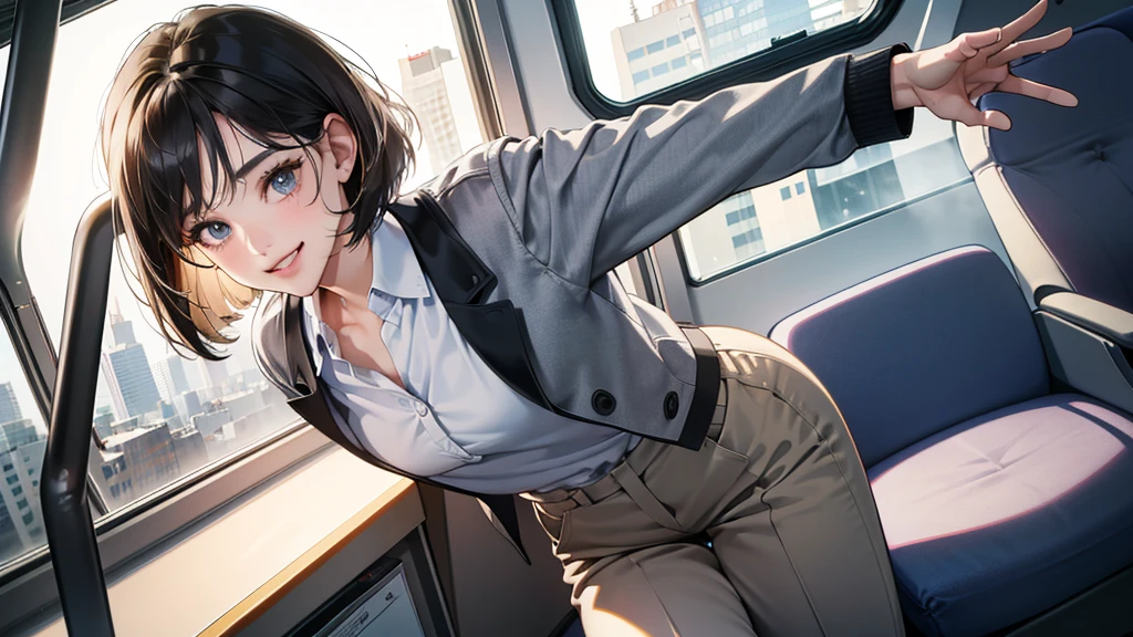 (perfect anatomy:1.2)(absurdres, highres, ultra detailed),masterpiece,best quality,high resolution,8k,Realistic face,Realistic skin texture,magnified textures, stunning clarity,detailed anime girl,(ultra detailed eyes and face),21years old,she is office worker,in the train morinig,city.,smile,grin]:1.2,black hair, bob cut,natural make,grey jacket and pants,white brouse,light look at winfows,sparkling eyes.small nose,roundface,She looks happy, have a one smart phone.Clear morning light、in the train