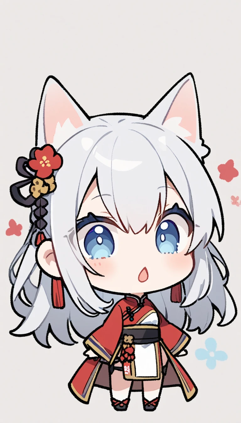 chibi、1girl、Silver Hair、Cat ear、Chinese clothing