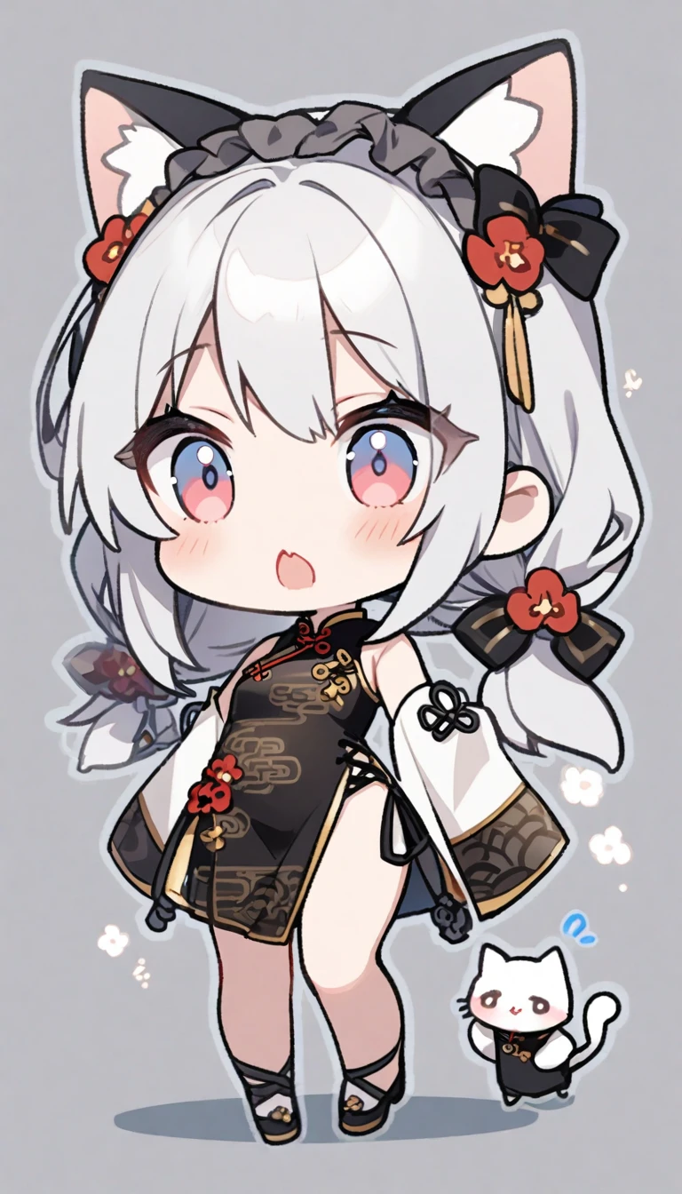 chibi、1girl、Silver Hair、Cat ear、Chinese clothing