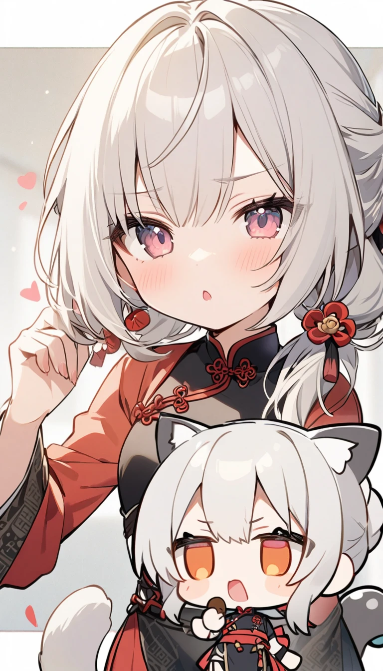 chibi、1girl、Silver Hair、Cat ear、Chinese clothing