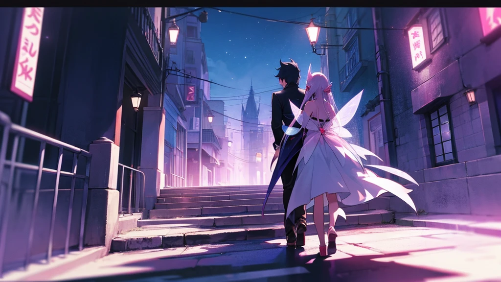 fairy and vampire walking trough the streets, anime style, we see them from behind, there is night ouside