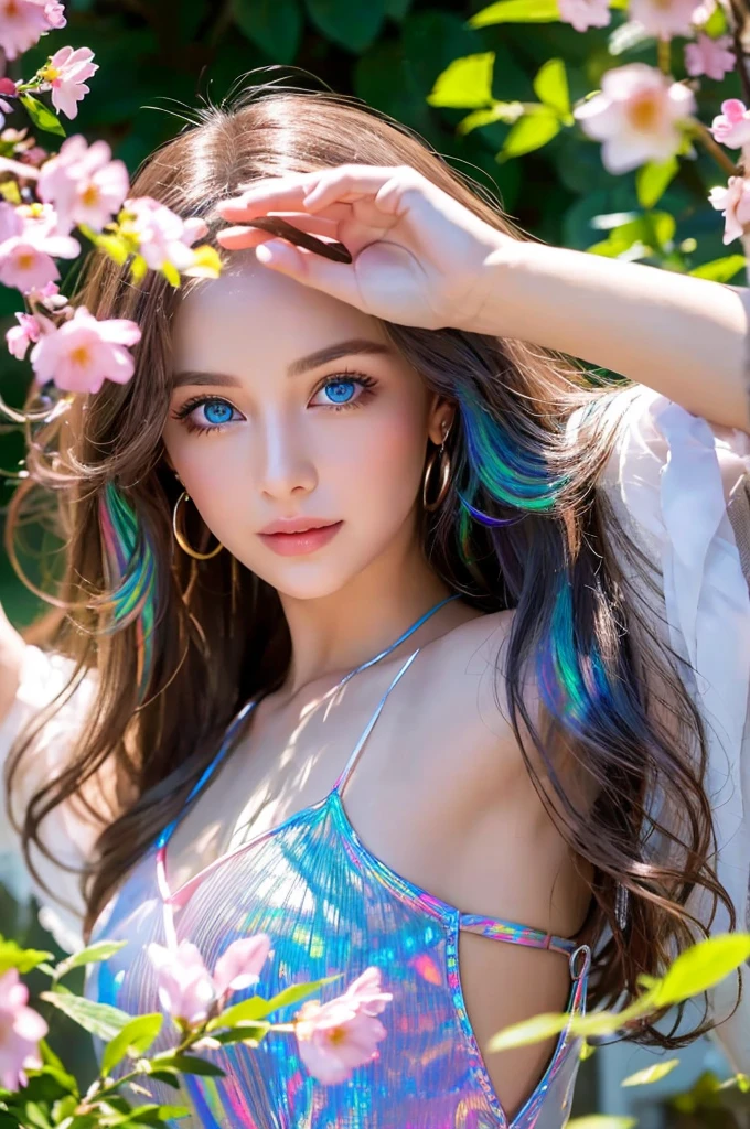 A sultry 27-year-old woman with piercing blue eyes and luscious locks gazes directly into the camera lens, her full lips slightly upturned in a mischievous grin. Close-up portrait of a young woman with vibrant, blowing hair and mesmerizing eyes, posing in mid-flight amidst a serene garden filled with blooming flowers under soft, cinematic lighting, capturing charming, cute, and beautiful expression shining like a sunset amidst a rainbowish aura ((holographic)). Her flowing dress made of ultra-detailed petals appears to dance across her figure as she takes flight, set against a lush backdrop of colorful blooms.